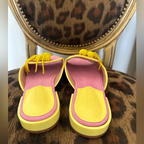 NWT Schutz Jannis Flat Pink Open Toe Slip On Embellished Tassel Sandals SZ 38.5 - Picture 3 of 7